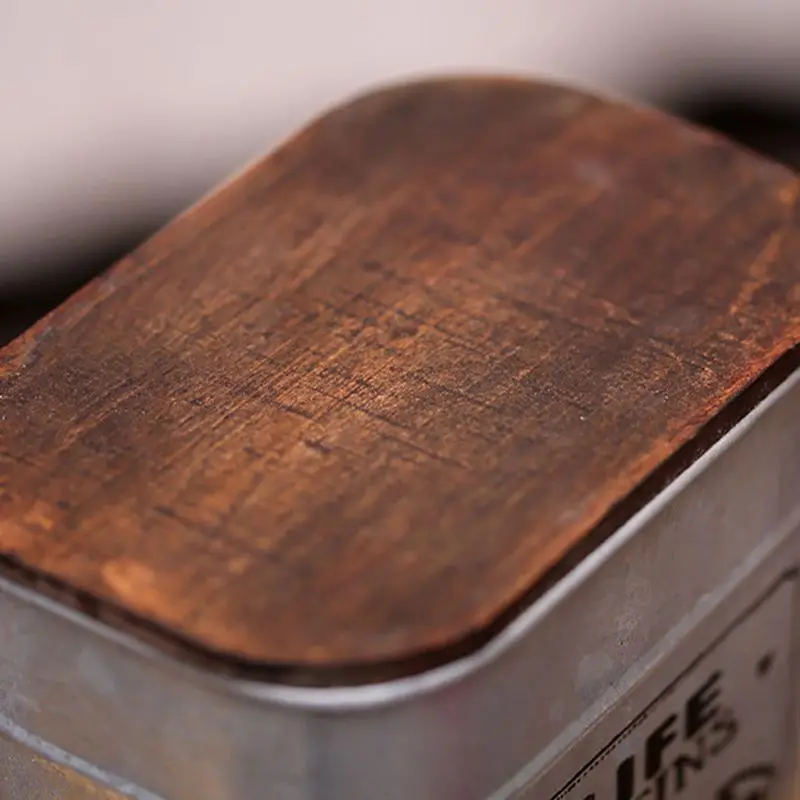 Винтажная металлическая квадратная коробка для хранения конфет, жестяная коробка для хранения с деревянной крышкой, банка для кофе, чая, приправа, ювелирный чехол