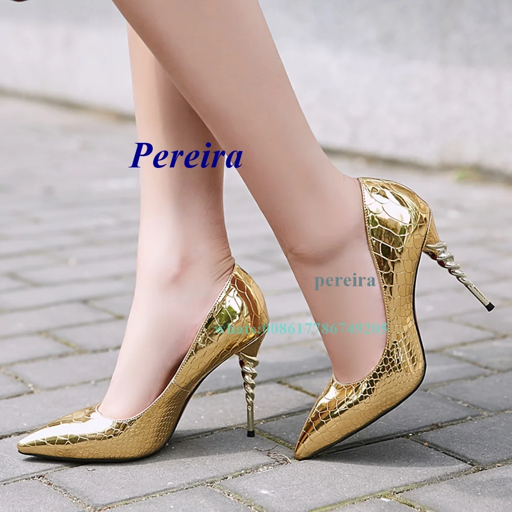 

New Gold and Silver Pointed High-Heeled Spiral Heel Pointed Toe Shallow Patent Leather Pumps Party Shoes New Arrival Fashion