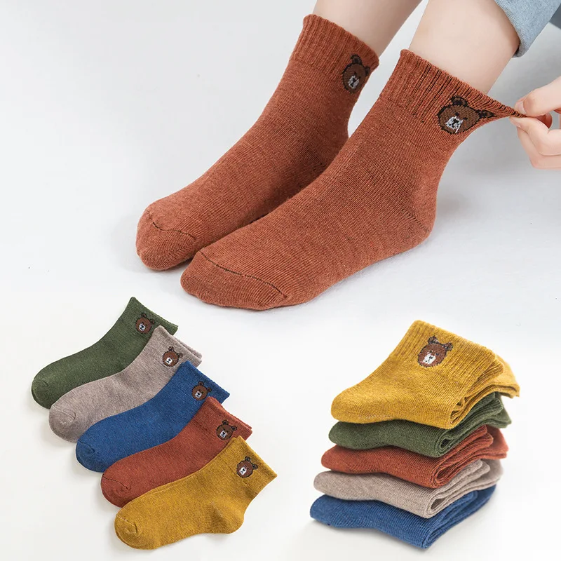 Calcetines de algodón transpirables para bebés, antideslizantes, antideslizantes, con dibujos de osos, para primavera y otoño, 5 pares