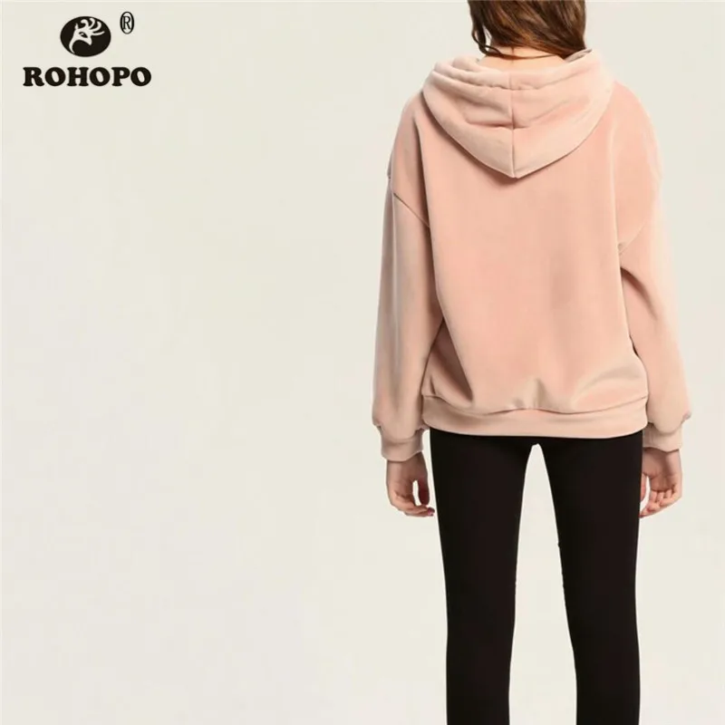 ROHOPO Winter/Autumn Velvet Warm Hoodies Front Embroidery Letter Hooded Collar Pink Black Pullover Tops Outwear Cute Girl#5257