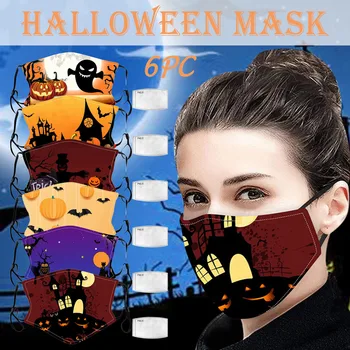 

Mascarilla 6PC Hallowen Printing Adult Washable Reusable Mouth Mask Cotton Adult Mask With Filtros Pm2.5 Mouth Caps Washable