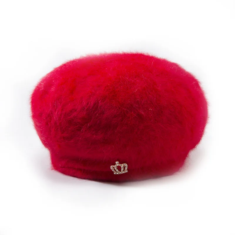 Women's Autumn And Winter Wool Warm Beanie Paint Cute Knitted Plus Velvet Cap Crown Acrylic Diamond Elegant Rabbit Fur Hat