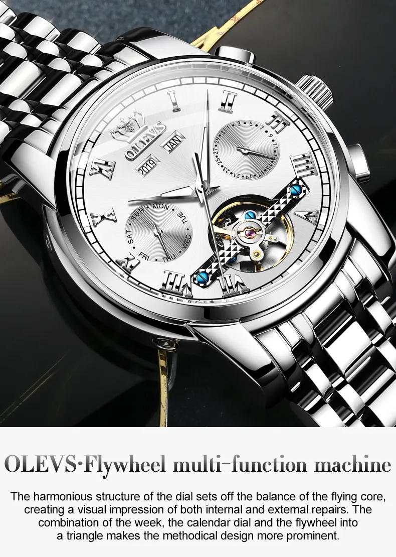 OLEVS גברים של שעונים אוטומטי מכאני עסקי שעוני יד עמיד למים נירוסטה רצועת שעון לגבר שלד לוח שנה