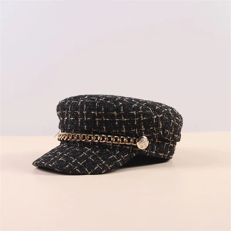 Черный Winter Autumn Newsboy Hats For Women Tweed Military Caps Ladies Fashion Streetwear Flat Caps Female Girl Black Hat - Цвет: Черный