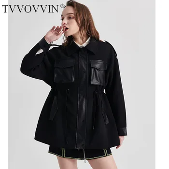 

China Loose Fit Black Pu Leather Drawstring Big Size Jacket New Lapel Long Sleeve Women Coat Fashion Tide Spring 2020 1R929