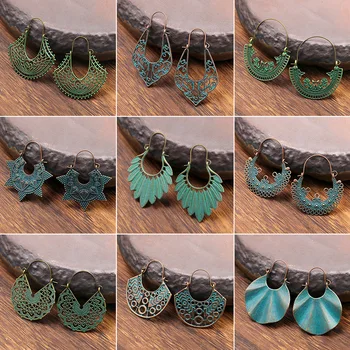 

Ethnic Tribal Hippy Verdigris Patina Hollow Leaf Feather Hoop Earring Bohemian Statement Women Jewelry