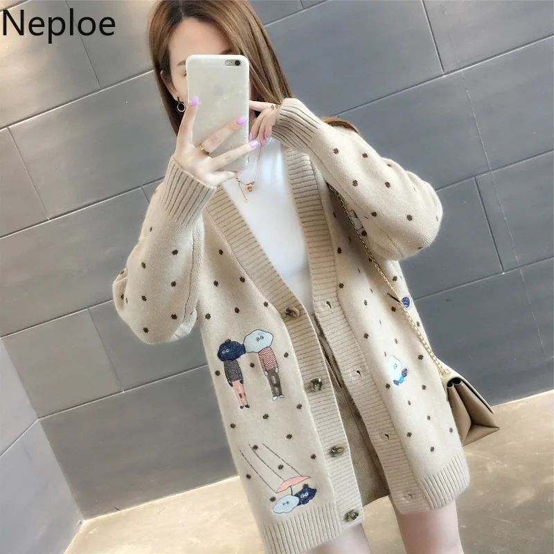

Neploe Korean New V Neck Patchwork Cardigans Sweet Cartoon Dot Pattern Student Open Stitch Loose Mid-length Knit Coat 45677