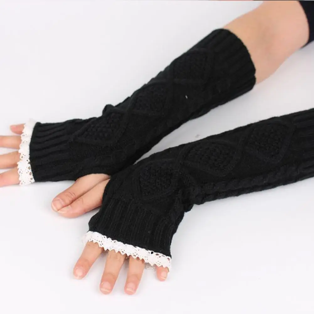 Женские Длинные теплые вязаные перчатки с ромбовидным узором и кружевами для