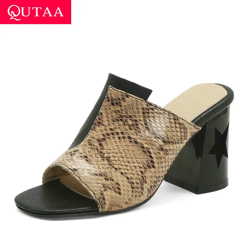 

QUTAA 2020 Snakeskin PU Leather Open-toed Sandals Square Heel Women Shoes Slingback Summer Fashion Ladies Pumps Big Size 34-43