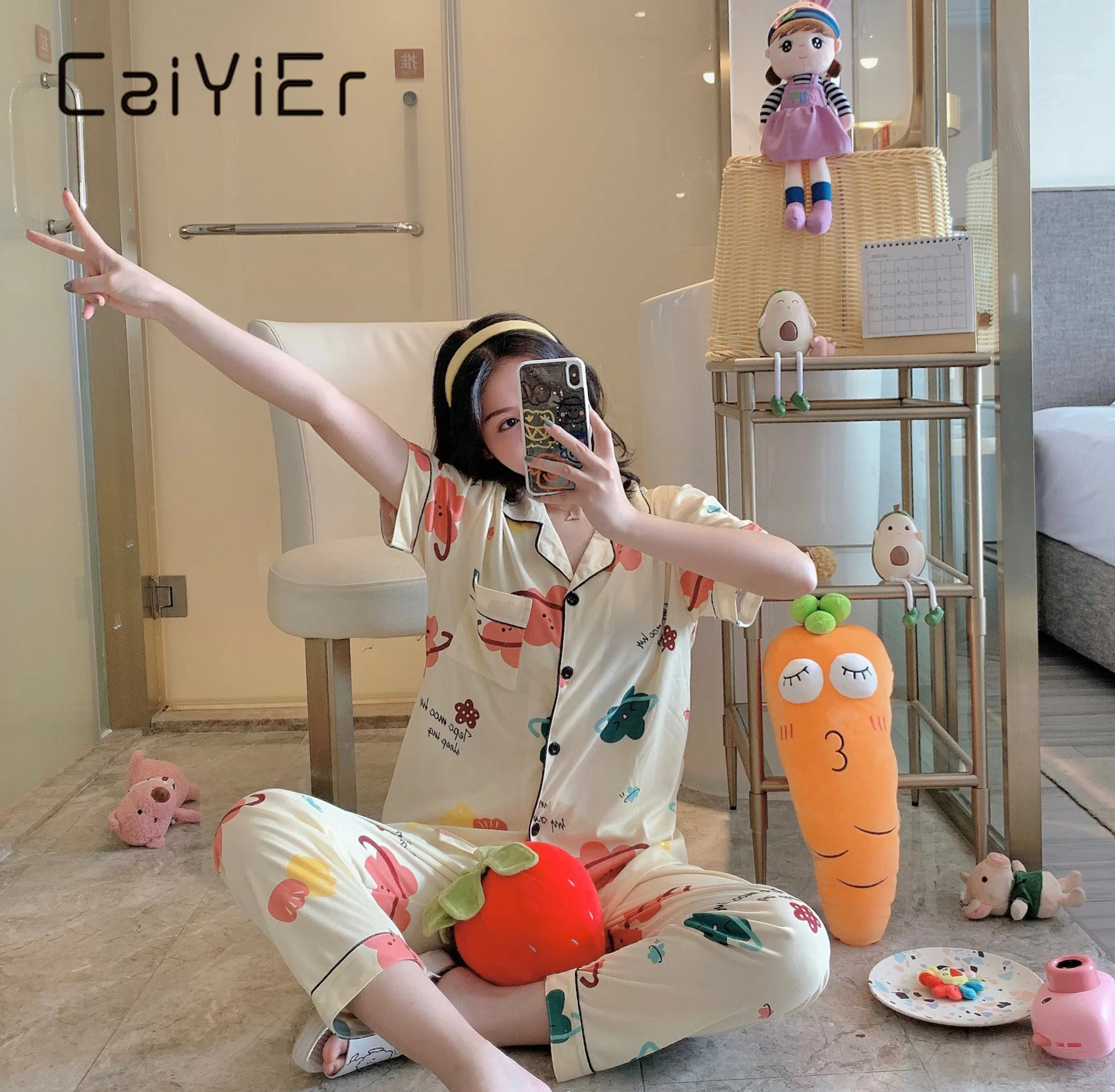 

CAIYIER Summer Women Comfortable Cute Printing Pajamas Cotton Cartoon Short Round Neck 2Piece Sleepwear Long Trousers Springtime