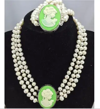 

Jewelry Free Shipping Natural 3row 7-8mm White Akoya Pearl & Shell Beauty clasp Necklace Bracelet Set