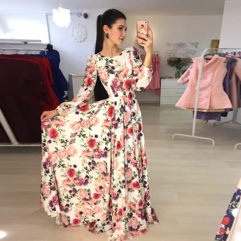 

Fall 2017 Women Print Dress Party Evening Dress Autumn Printed