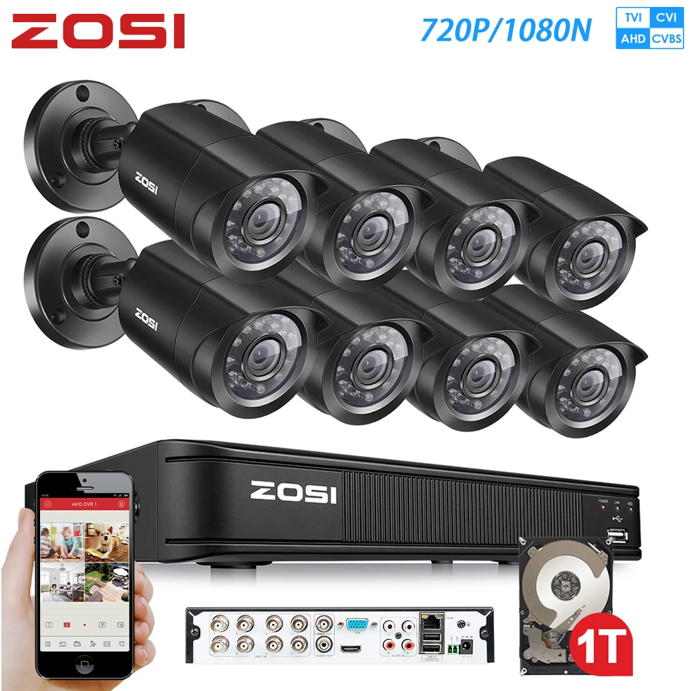  ZOSI 8CH 720P 4-in-1 CVBS AHD CVI TVI Video Security System CCTV DVR 1TB Outdoor Weatherproof Surve