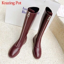 Krazing Pot/однотонные ботинки в простом стиле для мотоциклов зимние теплые женские сапоги до колена из натуральной кожи на молнии с круглым носком на среднем каблуке; L89