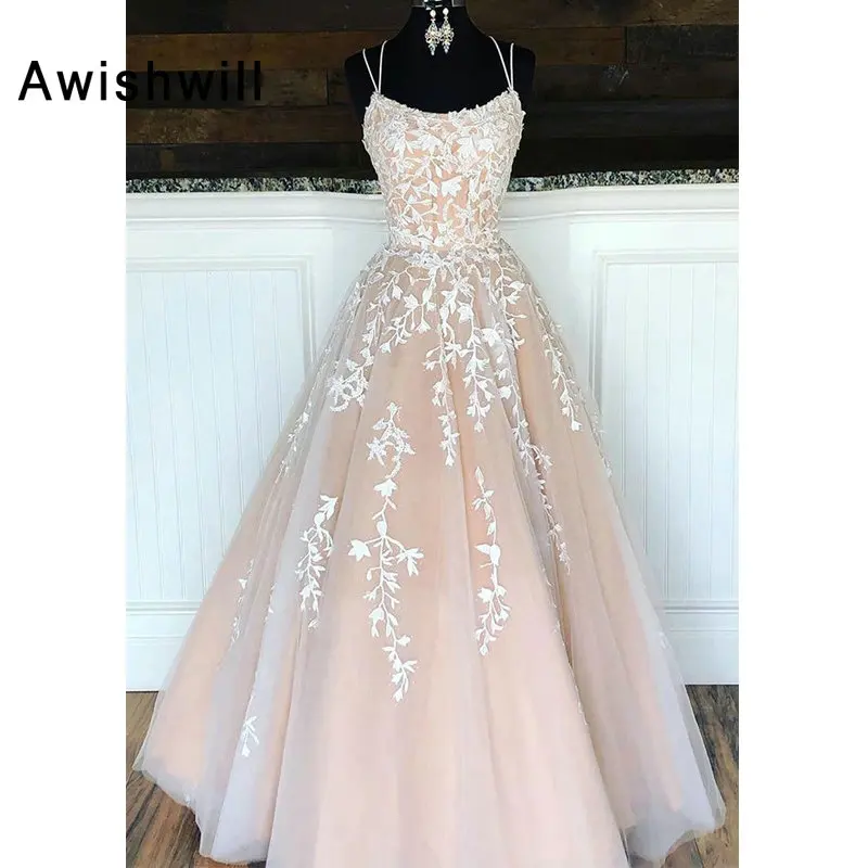 

New Fashion Prom Dress A-line Floor Length Spaghetti Strap Lace Tulle Women Formal Gowns Long Evening Dresses