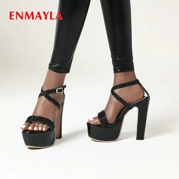 

ENMAYLA 2020 Party Sequined Cloth Shoes Woman Basic Buckle Strap Thin Heels Bling Women Sandals Sexy Platform Sandals 34-43