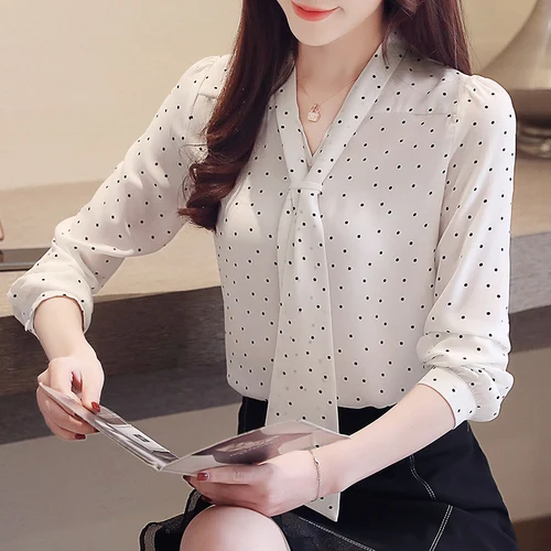 Модная блузка для женщин волнистая шифоновая в горошек блузка рубашка с длинным рукавом Женские рубашки лук V воротник блузка офисная офисные женские топы 2491 50 - Цвет: Белый