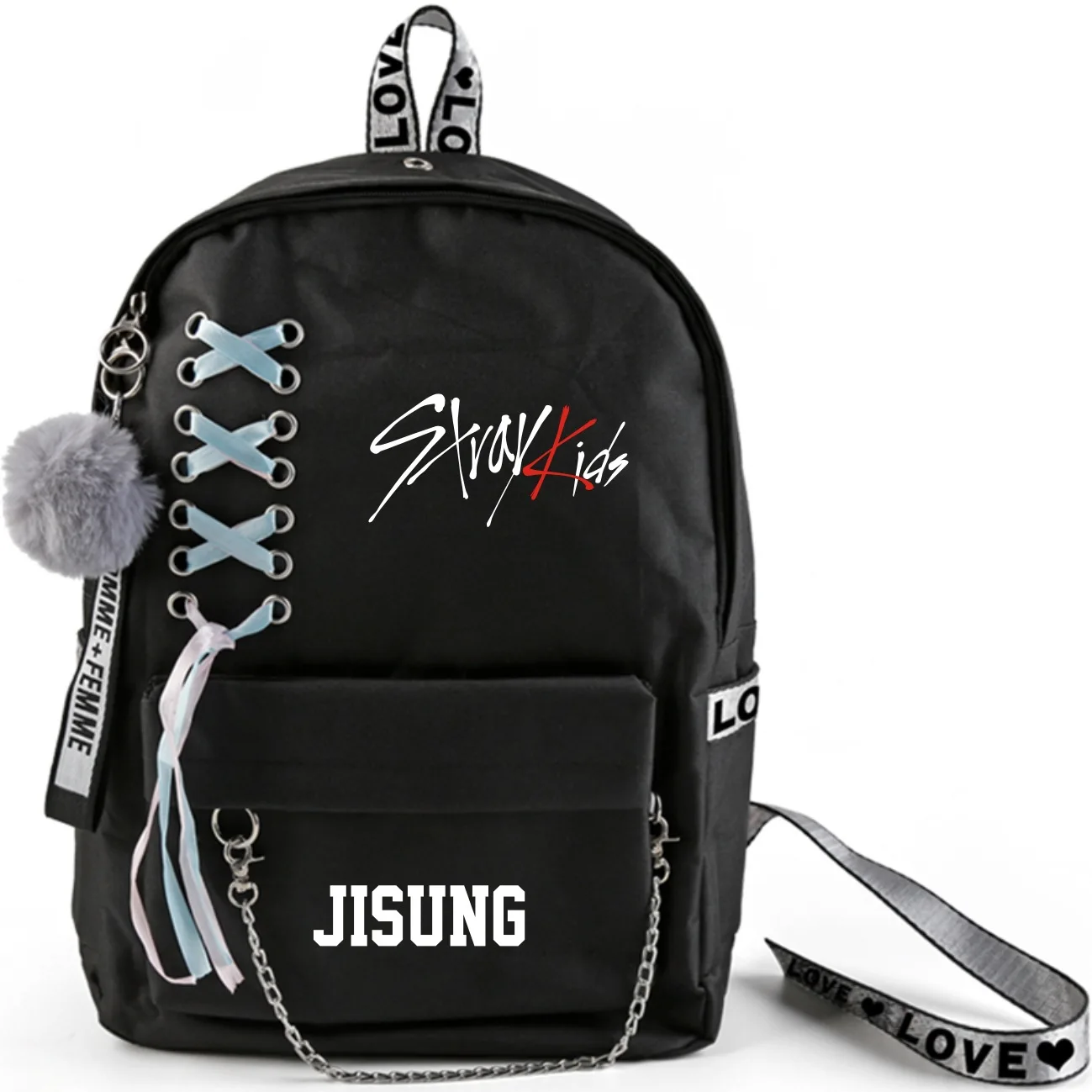 Kpop Stray Kids рюкзак большой емкости школьные сумки с перекрещивающимися лентами плюшевый шар подвеска страй Детская сумка вентиляторы коллекция - Цвет: JISUNG