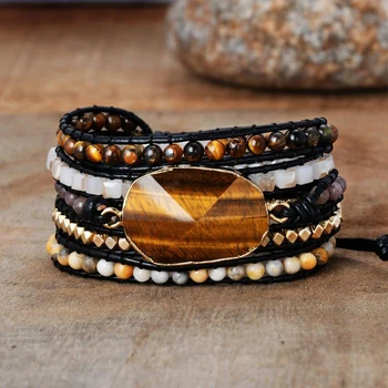 

5 Strands Tiger Wrap Bracelets for Women Boho Natural Stone Crystal Beaded Bracelet Vintage Handmade Braided Fashion Jewelry
