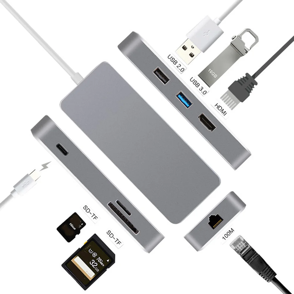 7 в 1 type C зарядный концентратор к HDMI RJ45 Gigabit LAN USB3.0 TF SD адаптер для Mac Поддержка всех моделей с TPPE-C серии ноутбуков