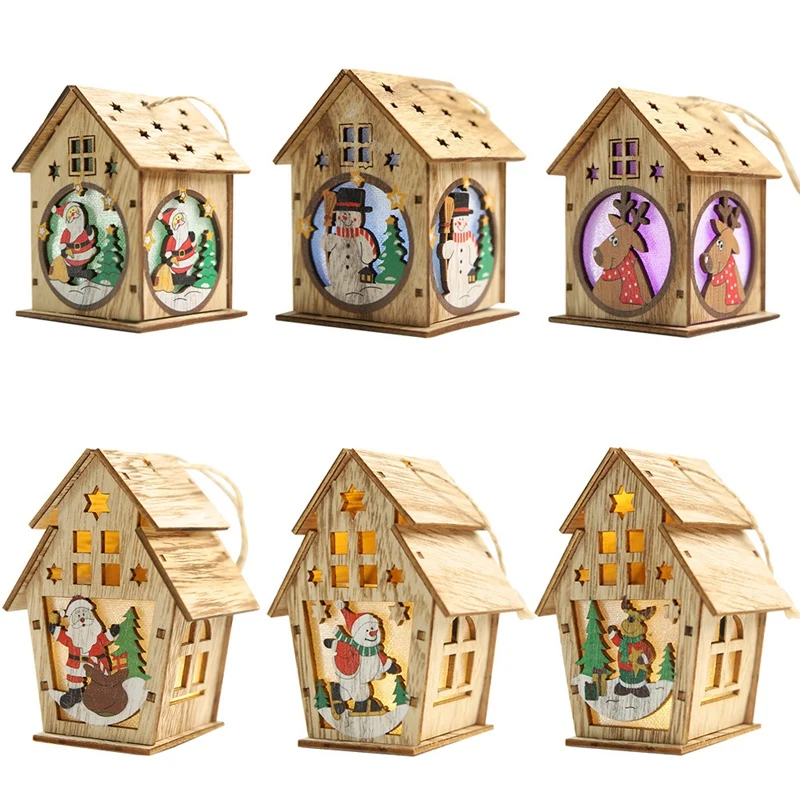 

Big deal 6Pcs DIY Wooden House Christmas Tree Decoration LED Light Hanging Ornaments Wooden House New Year Gift for Kids