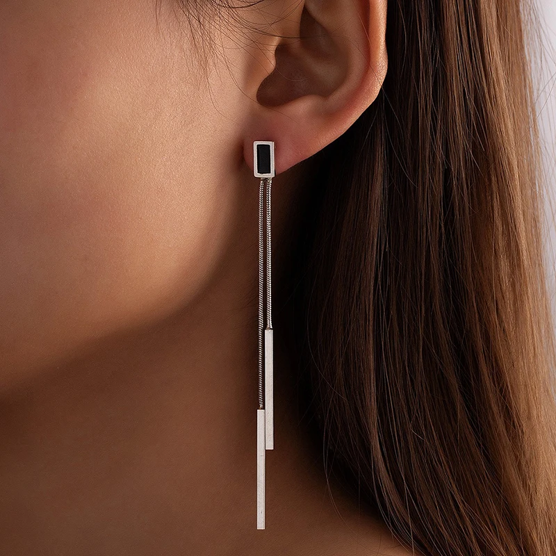 Vintage Long Tassel Geometric Square Drop Earrings For Women Korean Long Thread Dangle Earring 