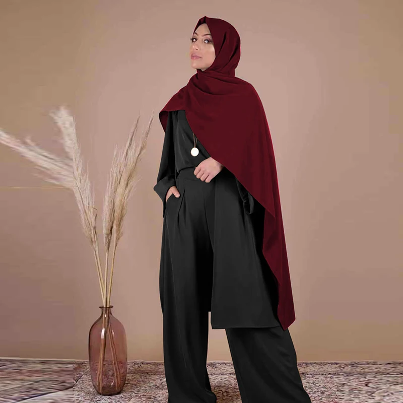 Three-piece Abaya Turkish Kimono Tops Pants Muslim Dress Abayas Hijab Robe Dubai Caftan Kaftan Islam Clothing For Women Djellaba