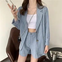 

Women Loose Casual Two Piece Set Office Blazer with Shorts Spring Summer Thin Striped Blazer Suit Cotton and Linen Shorts Set