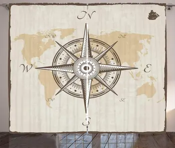 

Compass Curtains Nautical Compass on Background Old Map with Torn Border Frame Illustration Print Living Room Bedroom Window