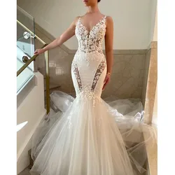 KapokDressy Fashionable Backless Mermaid Wedding Dresses V Neck Spaghetti Strap Lace Bridal Gown Sweep Train Vestido De Novia