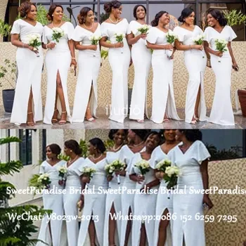 

Bohemia White Mermaid Bridesmaid Dresses With Short Sleeves 2020 Side Split V Neck African Women Long Wedding Guest Dress Gown