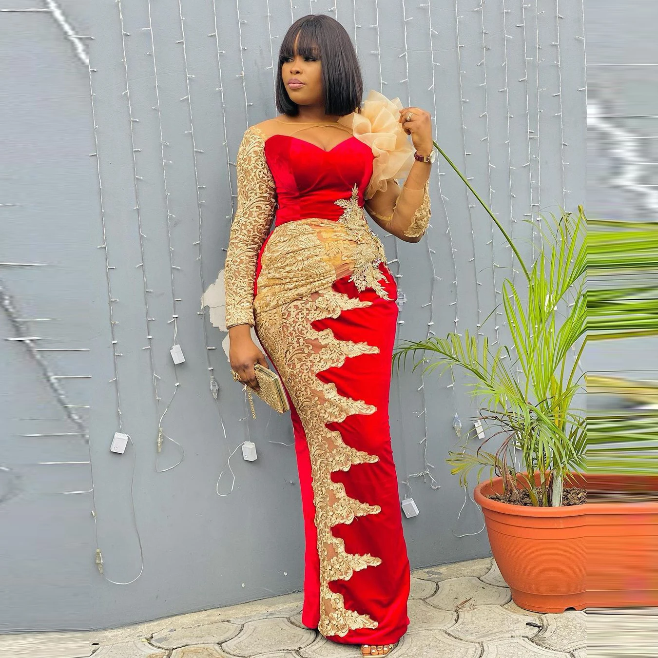 Sexy Red Lace Aso Ebi Evening Dresses Long Sleeves Women Floor Length Mermaid Velvet Prom Gowns Lace Appliques Sheer Party Gown