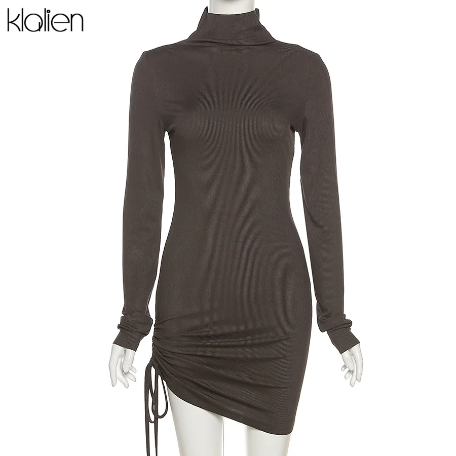 KLALIEN Autumn New Sweater Dress Women Long Sleeve Turtleneck Knit Solid Slim Drawstring Bodycon Dress Thicken Warm Streetwear homecoming dresses