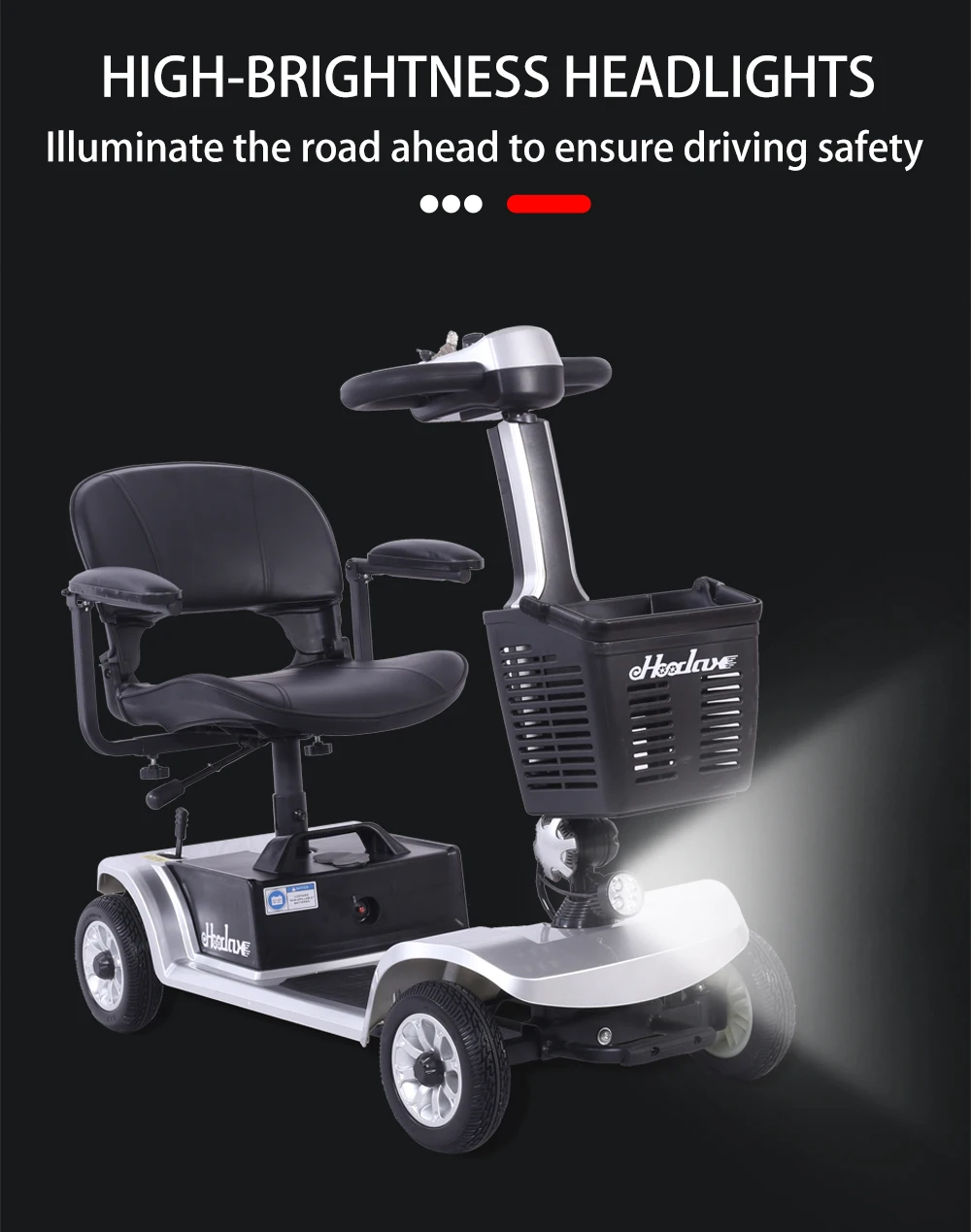 High brightness headlights illuminate the road to ensure safety on a foldable 4-Wheel Electric Scooter.