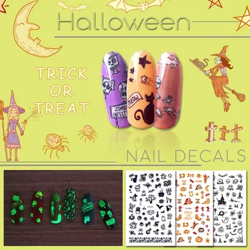 

Nail art sticker luminous glitter adhesive pumpkin cat bat patterns glow in the dark night halloween nail art sticker RA040
