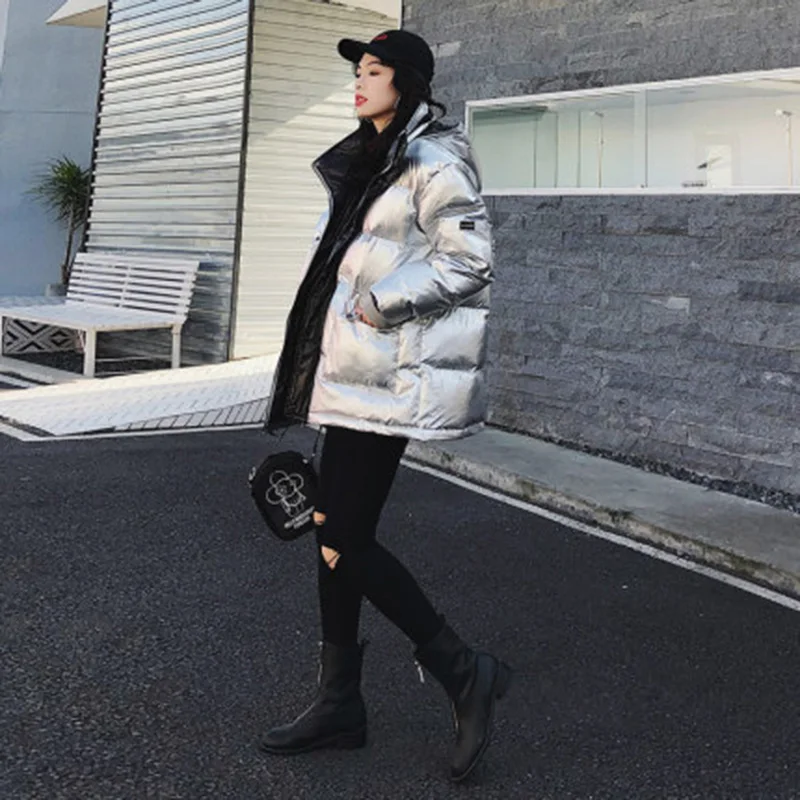 

2021 Winter Down Jacket Woman Long Fashion Metal Color Down Parka Female Warm Loose Hooded Winter Down Overcoat Oversized 4XL