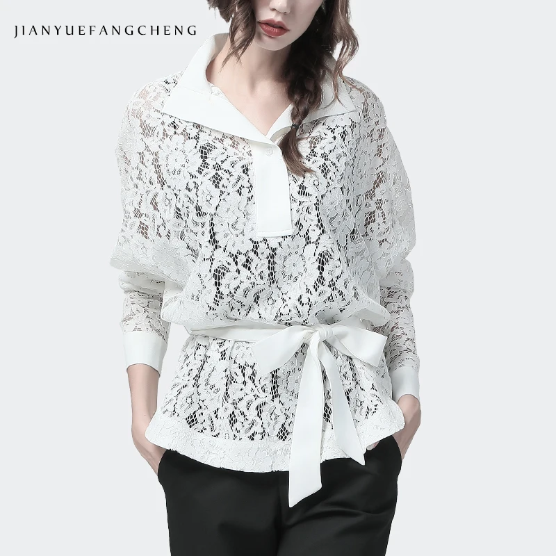 

Women Long Lace Blouse White Hollowed Floral Design V Neck Full Sleeved Top Loose Plus Size 4XL Fashion Shirt With Bra For Free