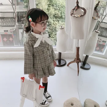 

2019 Autumn New Arrival Korean style clothing sets plaid preppy style suit coat with pleated mini skirt for fashion baby girls