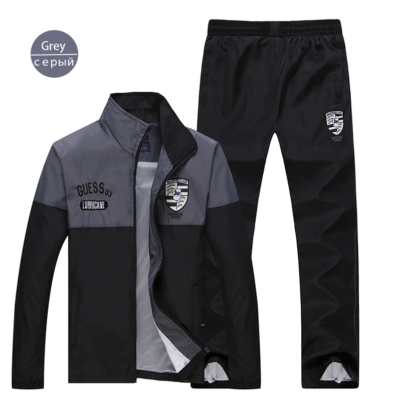 Brand Running Sets Mens Clothes Tracksuit Set Windproof Polyester Sportwear Jogger Jacket Keep warm Two Piece Track Pants - Цвет: Grey