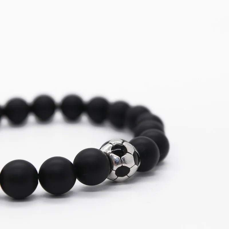 Natural 8mm Black Matte Stone Beaded Bracelet with Soccer Football Charm Jewelry Stone Bead Bracelet