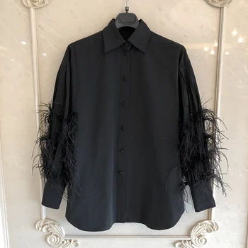 

Feather Long Sleeve Blouses Women Black Shirt 2020 Spring New Fashion Female Blouse