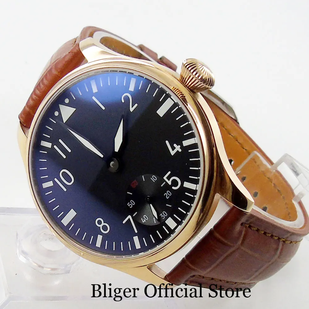

Fashional Mechanical Wristwatch Rose Gold 44mm Case 6498 Hand Winding Movement Leather Strap