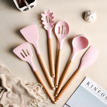 

Silicone Wooden Handle Spoon Kitchen Utensil Cooking Tools Spatula Heat-resistant Soup Spoon Non-stick Shovel Baking Dinnerware