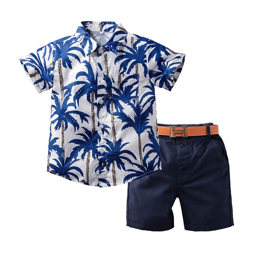 3PCS Baby Kid Boys Outfits Set Printed Short Sleeve Blouse Solid Shorts Belt Fashion Hawaiian Style Clothes Set 2-6Years kids clothes