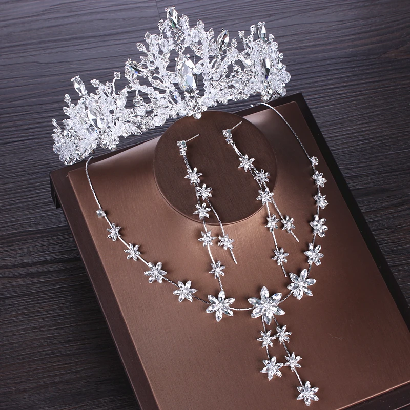 3Pcs Jewelry Set Роскошный Кристалл цветочный свадебный ювелирный набор кубический циркон Корона Тиара чокер и серьги ожерелье набор Свадебный Африканский бисер ювелирный набор - Окраска металла: 3Pcs Jewelry Set
