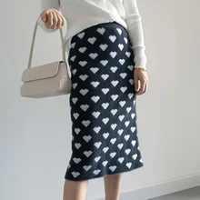 Новая Вязаная юбка до колена с высокой талией прямые эластичные осенние и зимние теплые юбки с разрезом для женщин черные