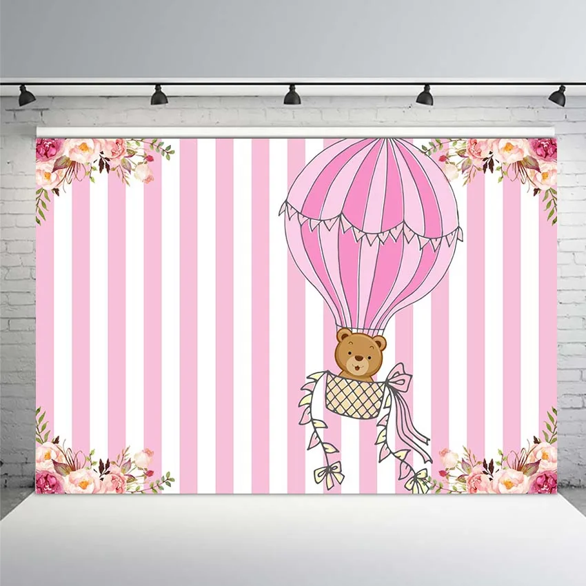 

MEHOFOTO Photography Backdrops Little Girl Baby Shower Newborn Teddy Bear Hot Air Balloon Pink Custom Photo Background Photocall