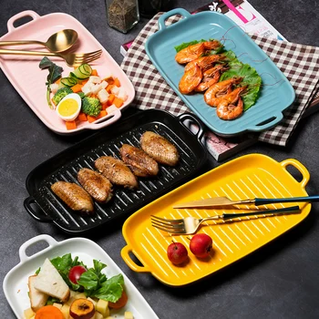 

Ceramic Rectangular Binaural Western Food Chicken Wings Baking Dish Cheese Baked Rice Plate Fries Steak Breakfast Bread Tray