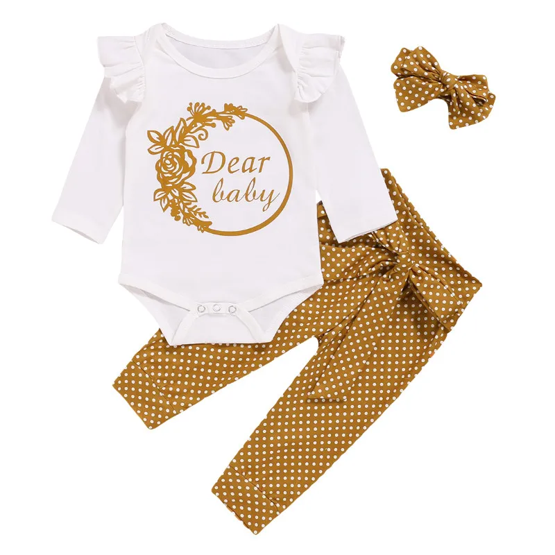 

Baby Girls Long Sleeve Letters Printed Pattern Round Collar Ruffles Romper + Long Pants + Headdress Spring Autumn