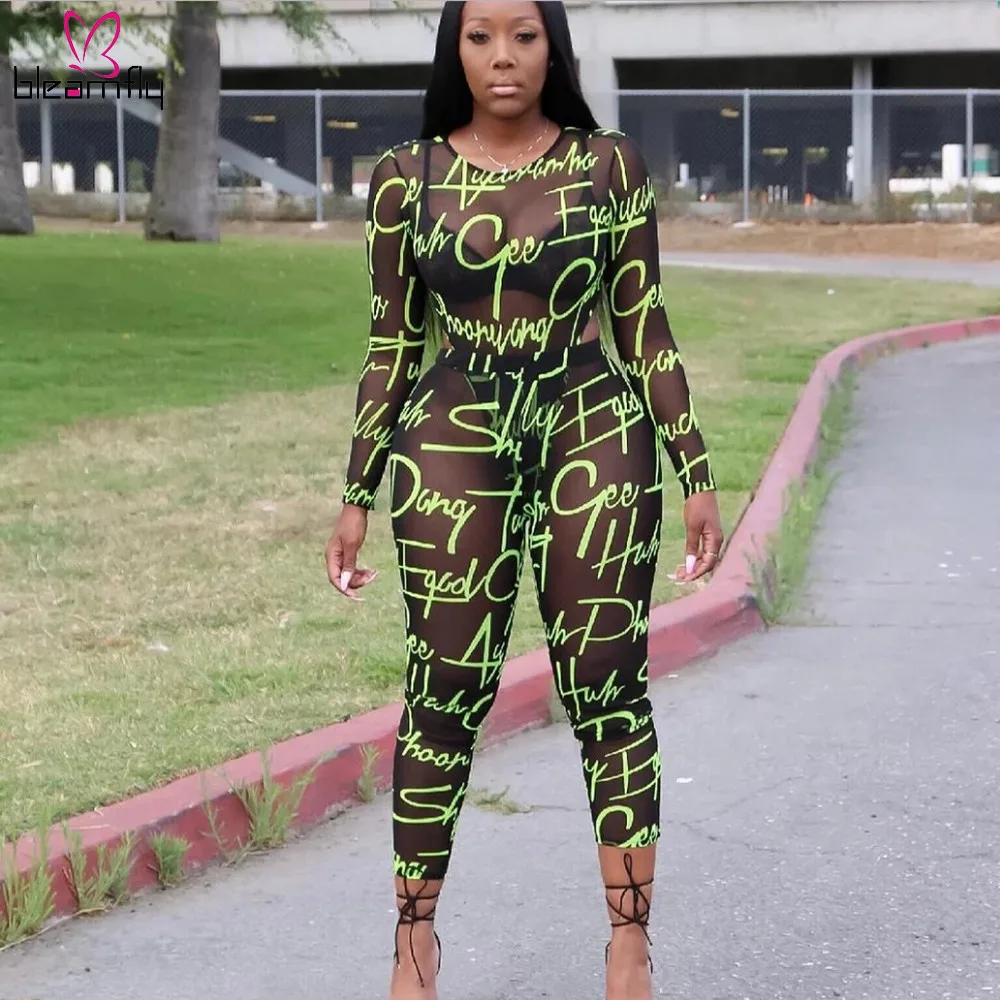 

Neon Letter Print Mesh Spliced Two Piece Set Women Long Sleeve See Through Bodysuit And Skinny Pants Sweat Suits 2 Piece Outfit